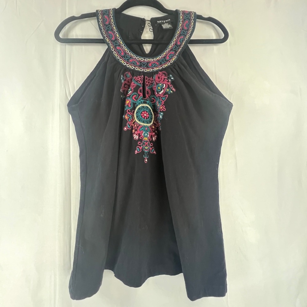 Ava & Grace Womens Black Embroidered Halter Top Boho Sleeveless Blouse Large